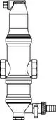 Schwarz-weißes technisches Diagramm eines Abscheiders mit mehreren Anschlüssen, ventilt und technischen Details, hergestellt von IMI Hydronic Engineering.